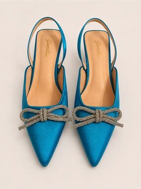 GenShuo Turquoise Satin Rhinestone Bow Slingback Flats – Sz8 #MarieAntoinette